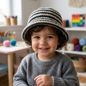 Black-Beige Merino Kids Fold Cap