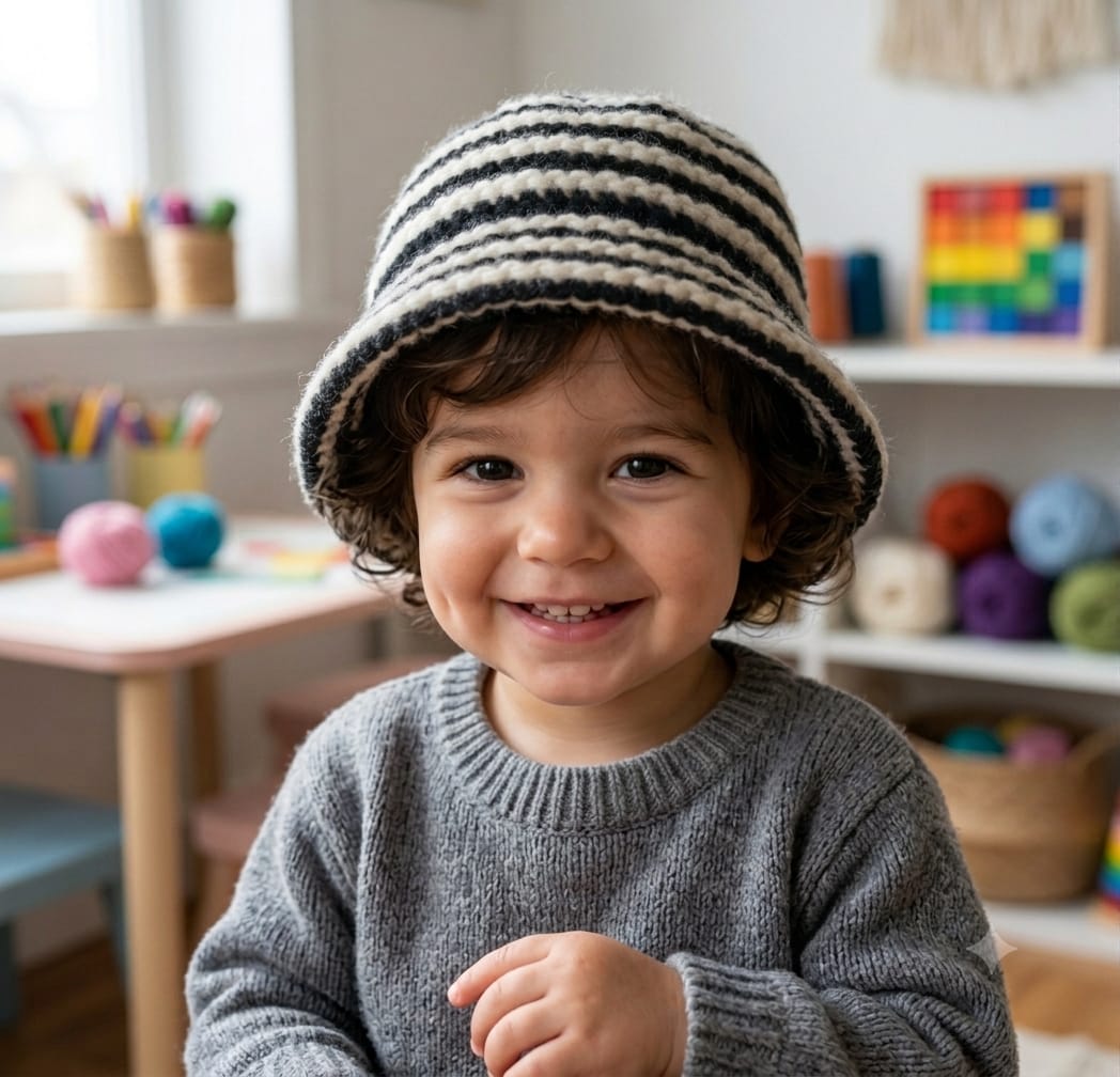 Black-Beige Merino Kids Fold Cap