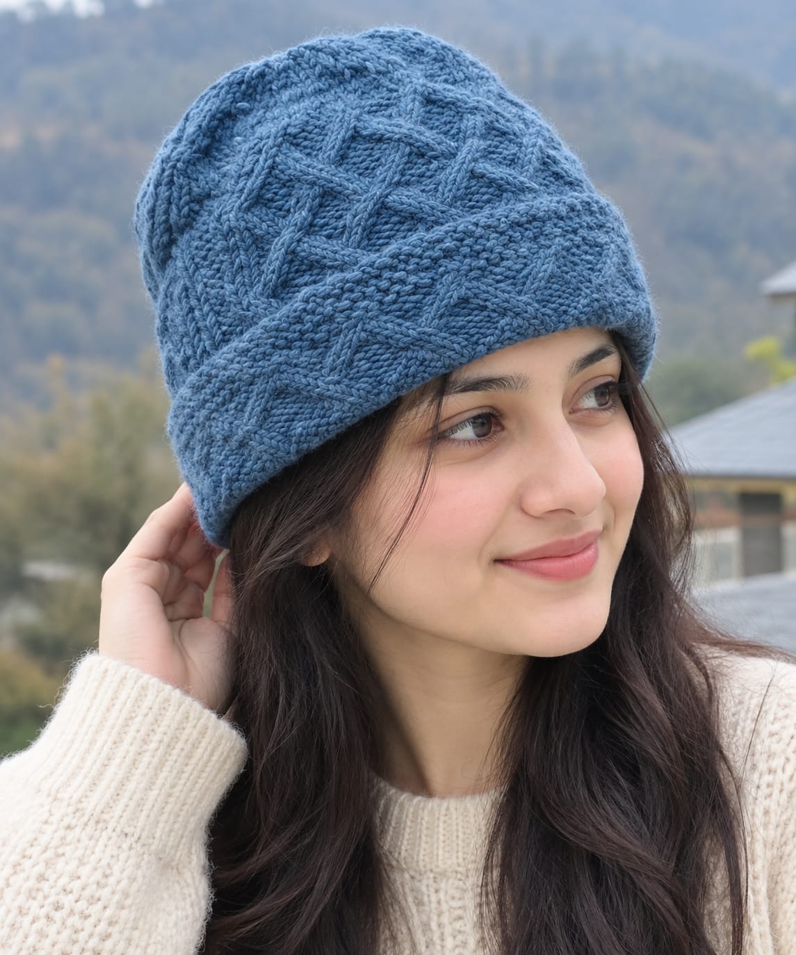 Navy Blue Angora Fold Cap handmade from Angora wool by Kullu Karishma
