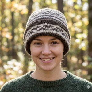 Olive-Beige Angora Fold Cap handmade from Angora wool by Kullu Karishma