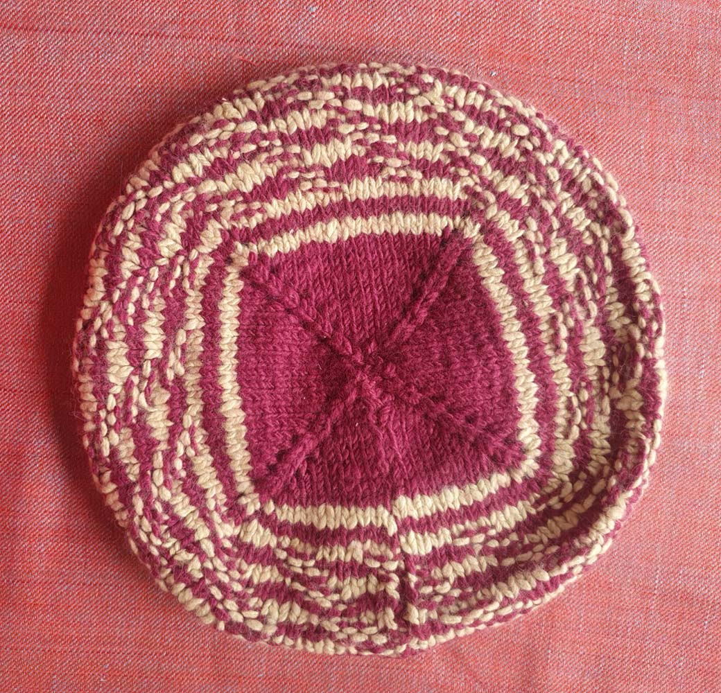 Beige-Red Angora Merino Beret Cap