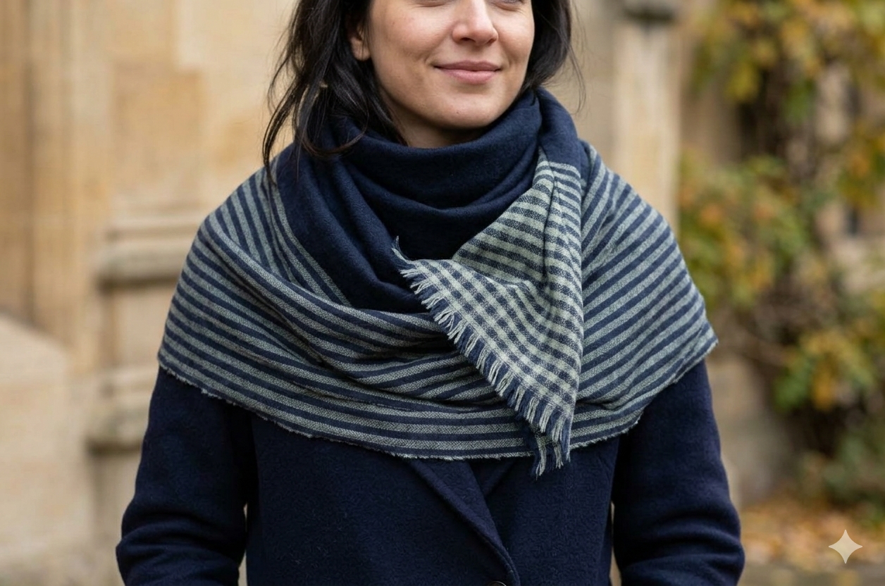 Blue cashmere wool stole handwoven in Kullu by Kullu Karishma
