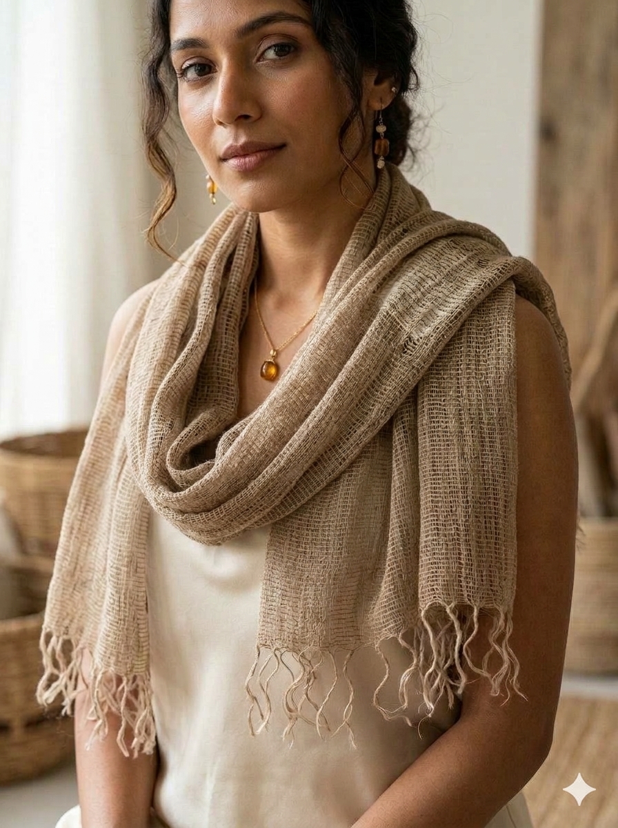 Dark beige cashmere wool stole handwoven in Kullu by Kullu Karishma